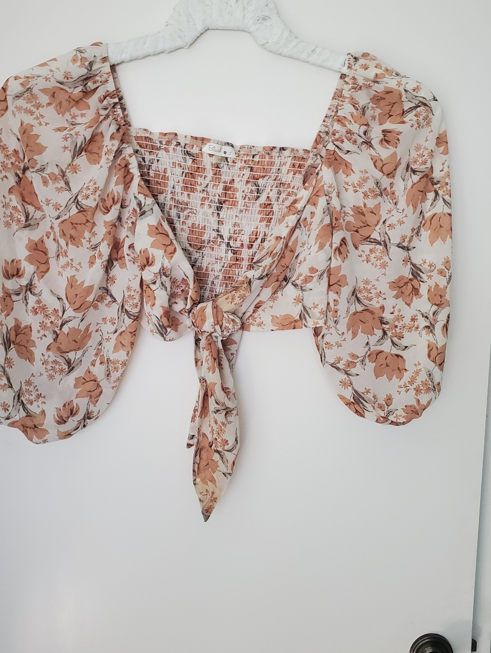 Blush ❤️ J Woman's Sheer Puffy Sleeve Smocked Front Tie Crop Top Forest Brown XS